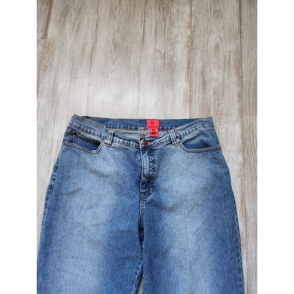 V Cristina High Rise Med Wash Beaded Capri Jeans Boho Petite Womens P12 GUC - Picture 2 of 11